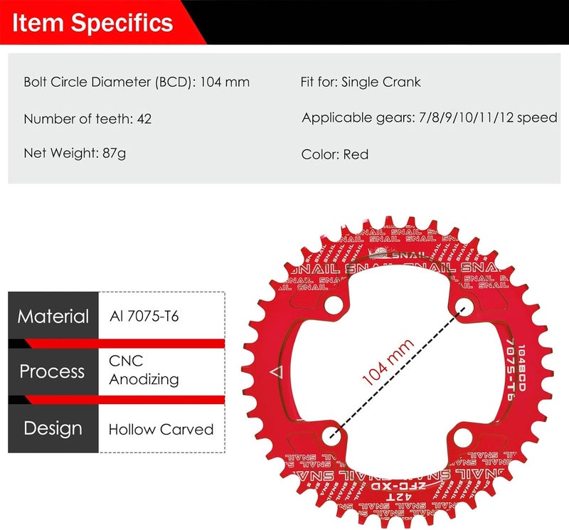 BESNIN Chainring 104 BCD Chainring 30T 32T 34T 36T 38T 40T 42T 44T 46T 48T 50T 52T Narrow Wide Tooth Round Chainring for 7/8/9/10/11/12 Speed MTB BMX Road Bike - Image 2